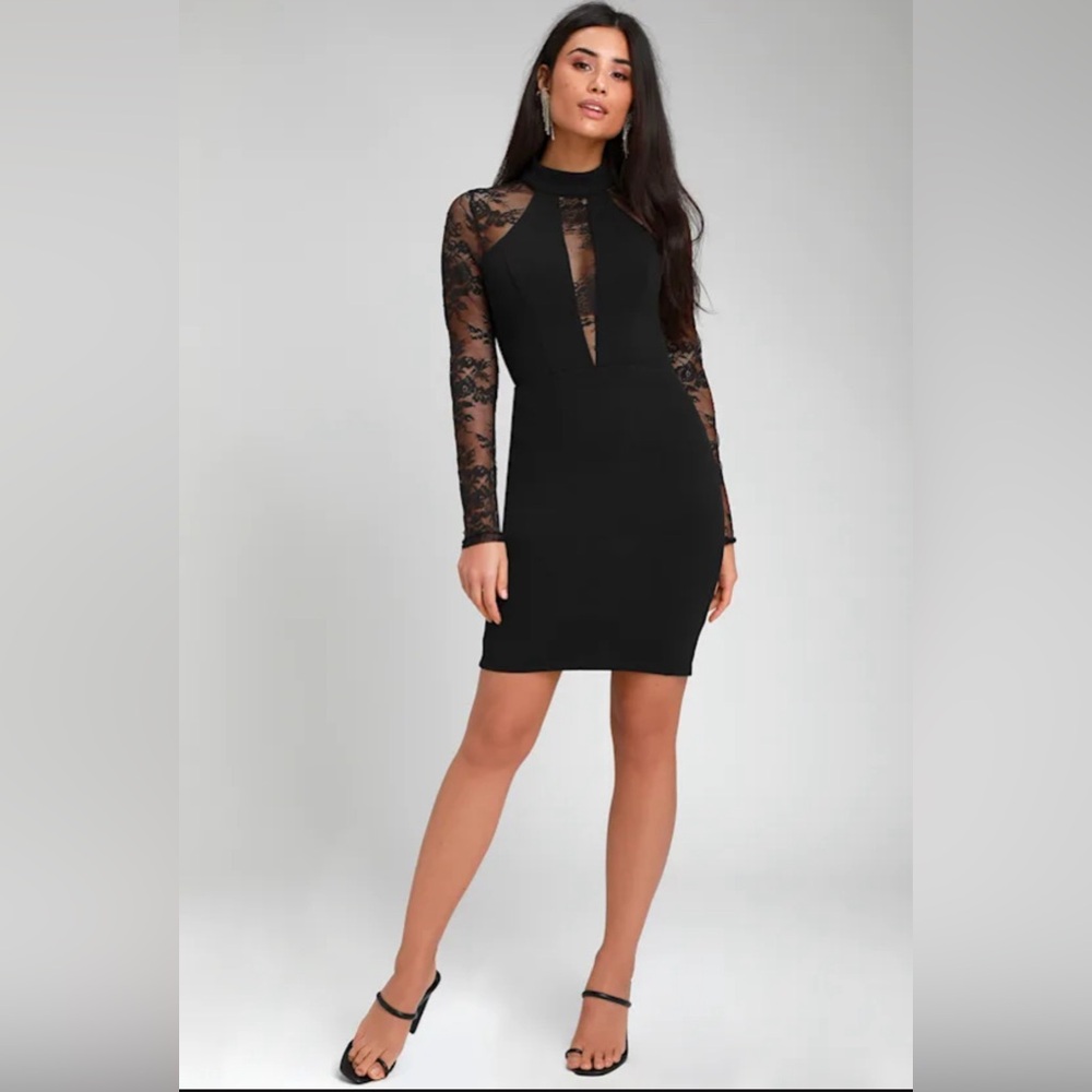 Lulus Oretha Black Lace Long Sleeve Bodycon Dress. Size L. **NWT**